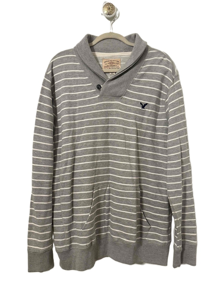 American Eagle Sweater Mens Size XL Gray Striped Shawl Button Collar Pullover